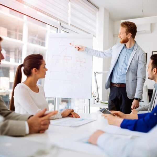 Man leading a training session and presenting to a team at a whiteboard.
