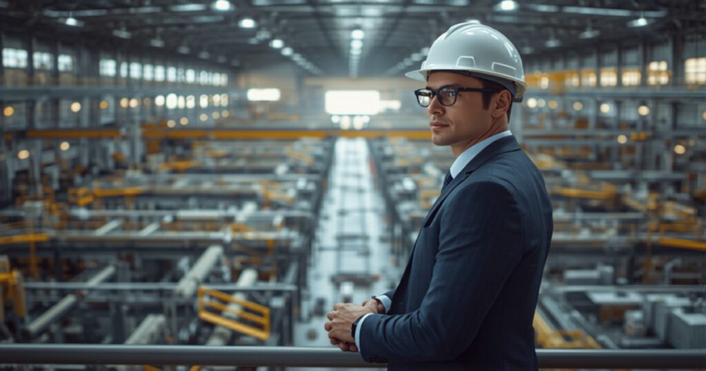 Manager in a suit and hard hat overlooking a modern factory floor