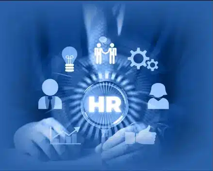 HR team reviewing workflow with highlighted bottlenecks, illustrated in a clean modern corporate style with blue network lines.