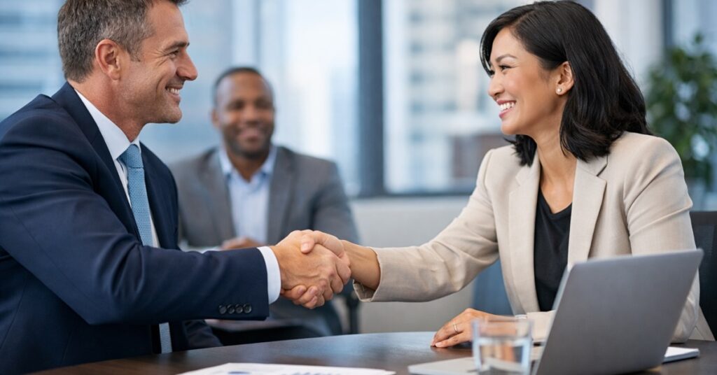 Two business professionals shaking hands across a conference table in a modern office setting