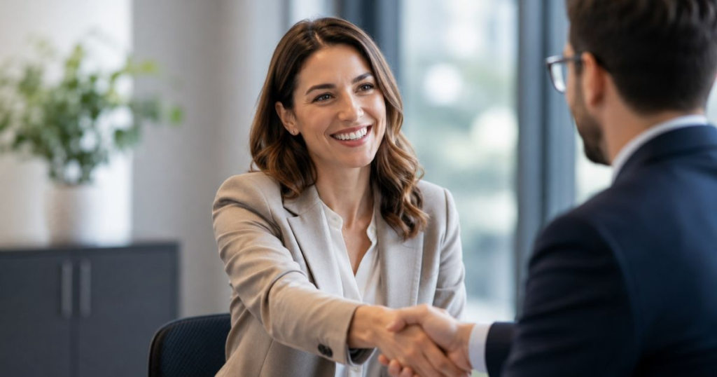 Professional recruiter greeting a candidate during a positive hiring experience discussion