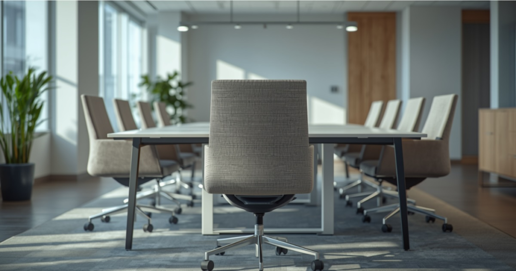 Empty executive chair at a modern conference table representing the cost of a vacant position in the workplace